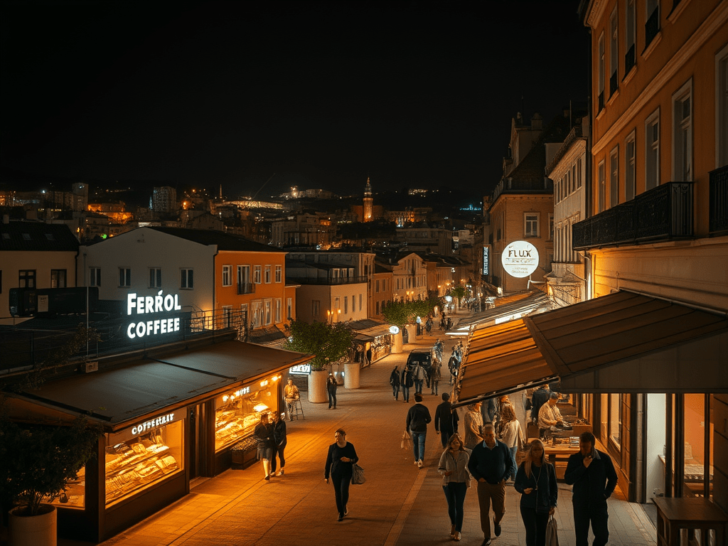 Calle de Ferrol con tiendas y cafeterías, iluminada de noche Calle iluminada por la noche con personas caminando, con tiendas y cafeterías visibles como Ferról Coffee y Flux en una ciudad costera.